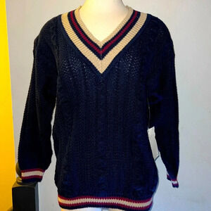 NWT Vintage Jamie Scott Navy V-Neck Cable Knit Sweater - Small